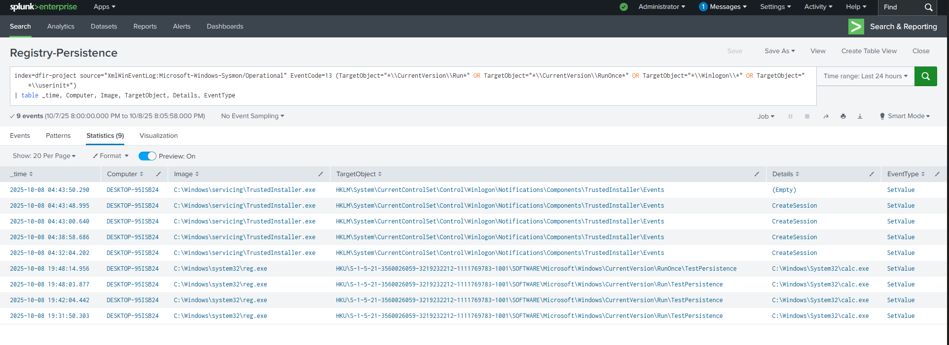 Splunk Registry Persistence Query